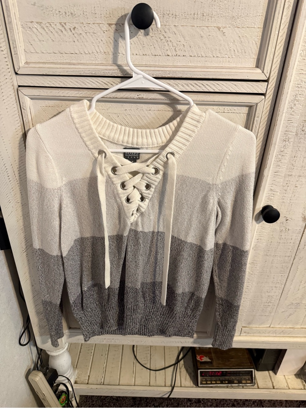 Soho Striped Lace-Up Cowl Sweater in White & Gray